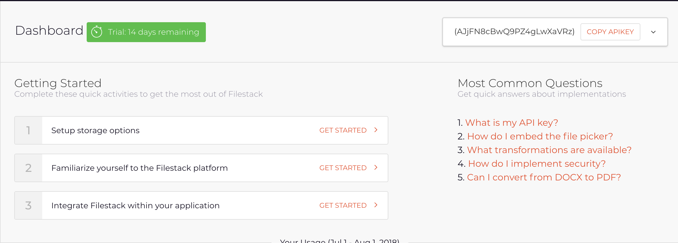 The Filestack Developer Portal Dashboard