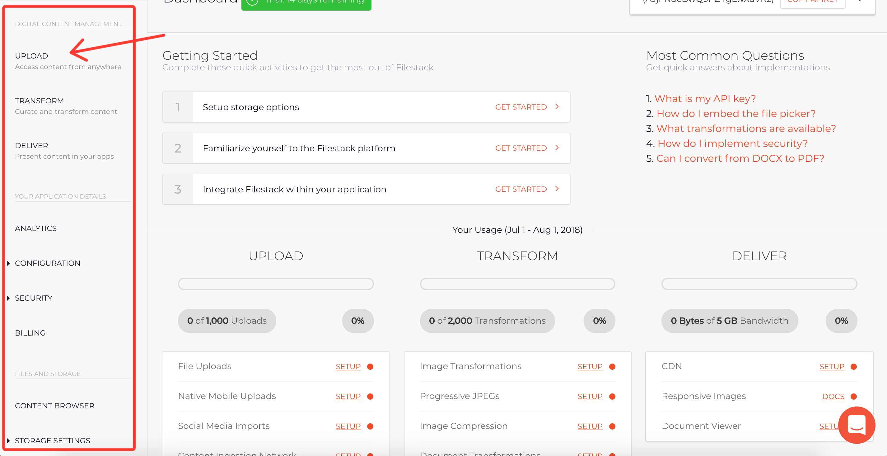 The Filestack Developer Portal navigation