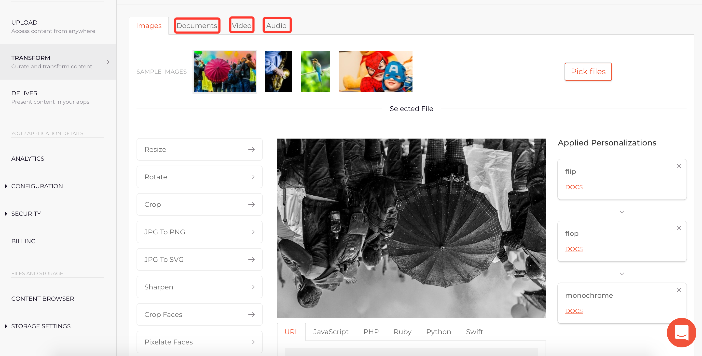 Filestack Developer Portal Transformations