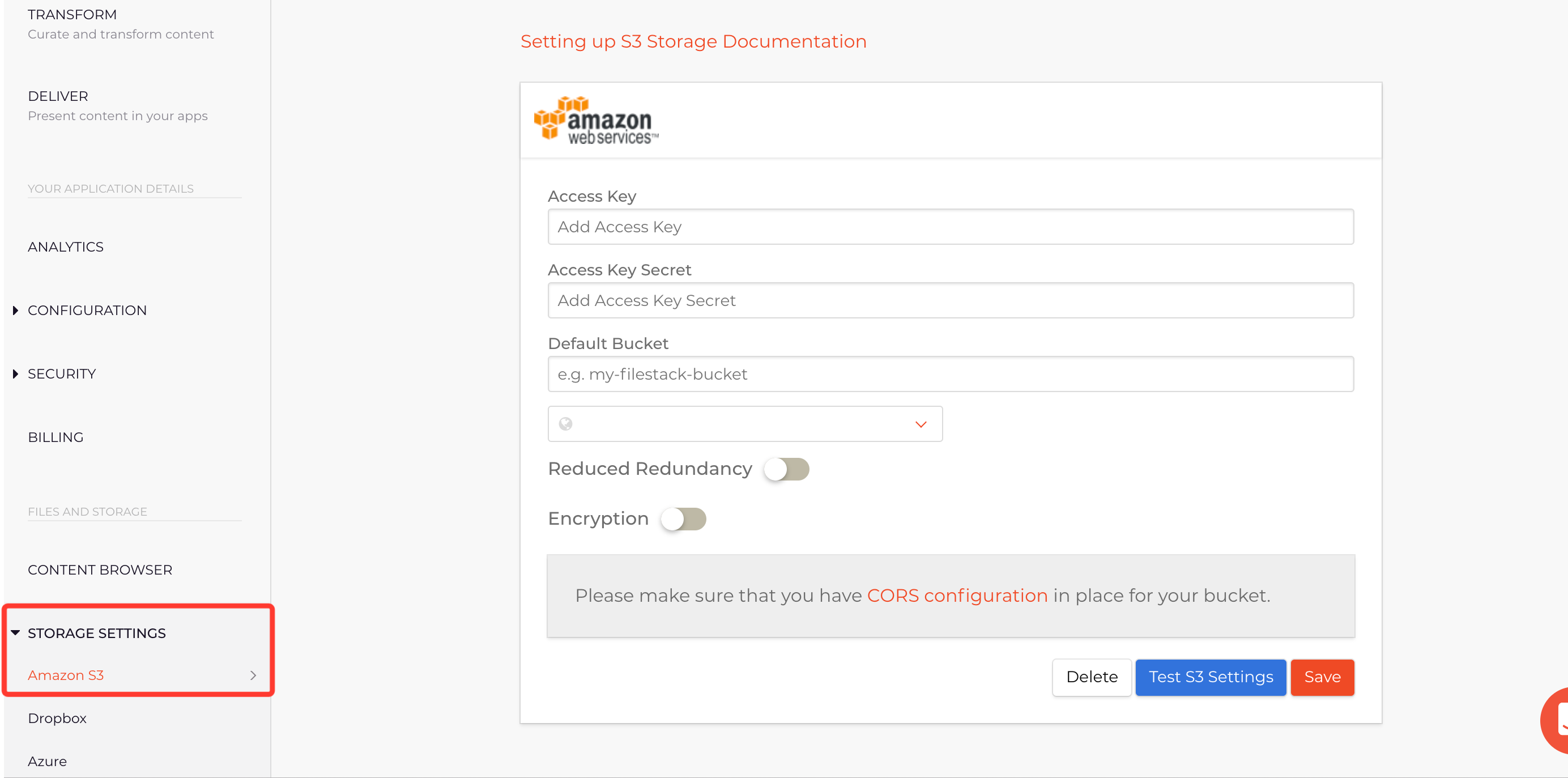 The Filestack Developer Portal Storage Settings Section